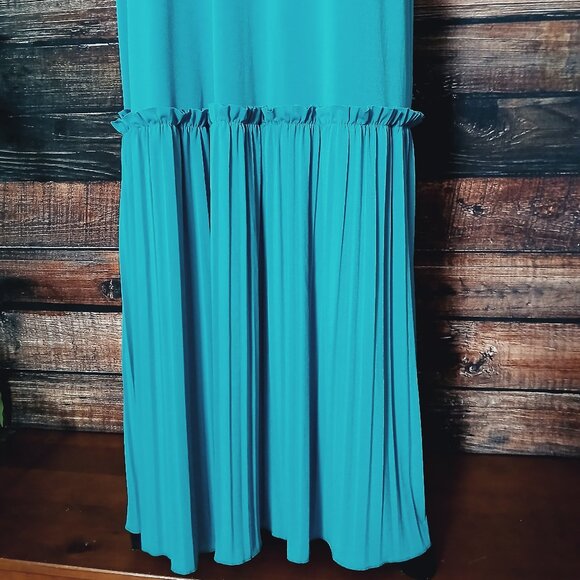 ASOS Maxi Dress Size 8 Teal Pleated Bottom Keyhole Button High Neck Retro Shift - Picture 6 of 9